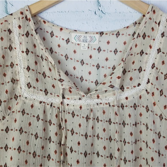 Pink Rose  Womens Semi Sheer Tribal Print Boho Top Size Large - Picture 5 of 7